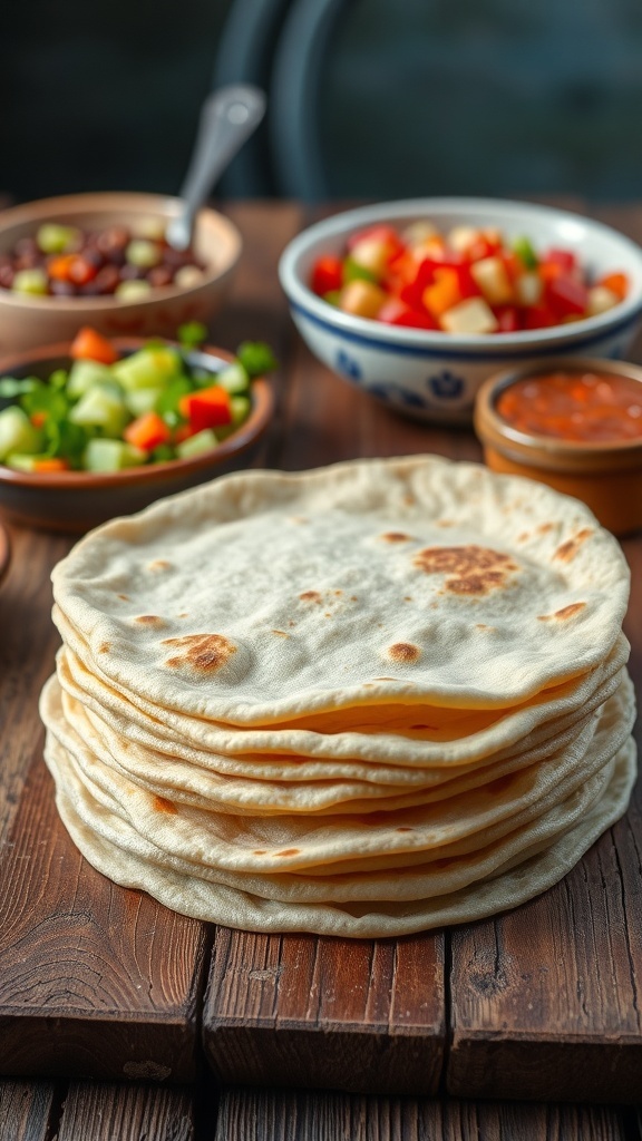 A stack of warm homemade tortillas on a wooden table with bowls of fresh ingredients for tacos.